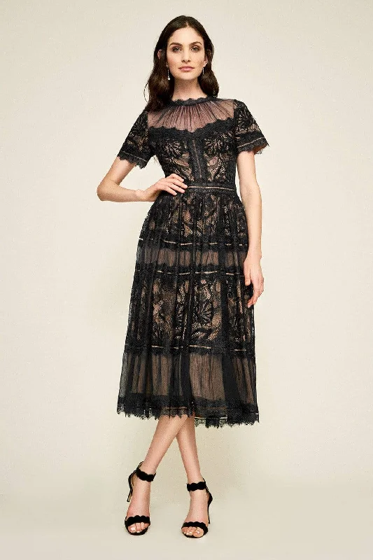 Bid Farewell To The Old Season Tadashi Shoji - Illusion Neckline Sheer Lace Tea Length Dress