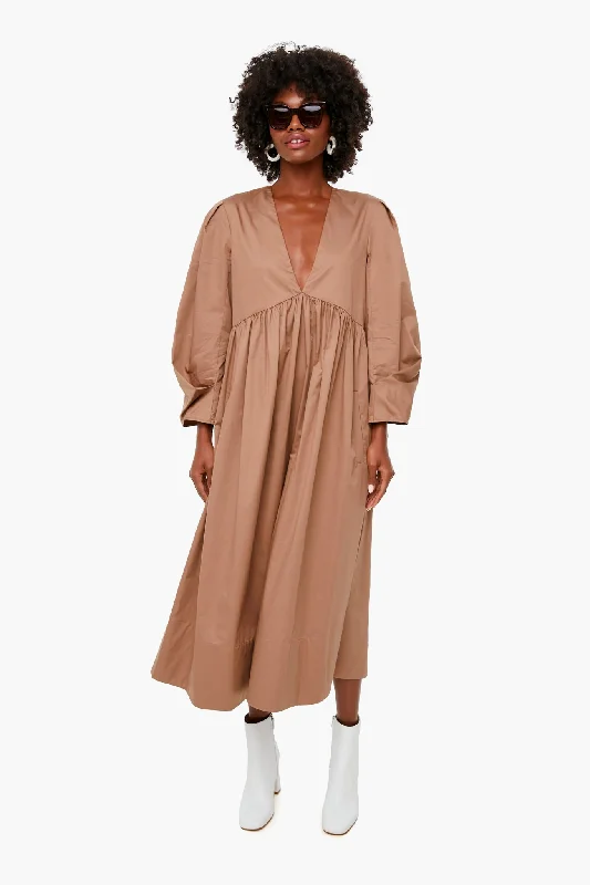 Trendy Street Style Attire Hazelnut Eco Poplin Vneck Pleat Sleeve Dress