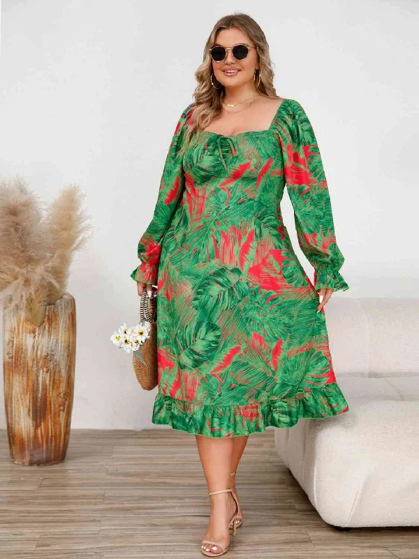 Trendy Women's Wear Plus Size Ruffled Square Neck Flounce Sleeve Dress