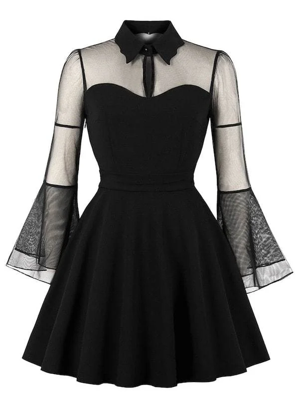 Edgy Fashion Plus Contrast Mesh Sheer Flounce Sleeve Dress