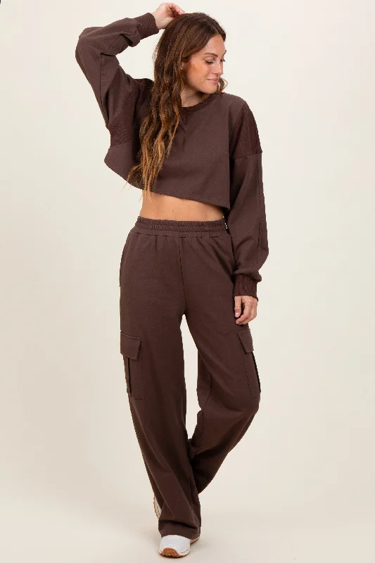 Women's Work Apparel Brown Oversized Crop Sweatshirt Cargo Sweatpant Set