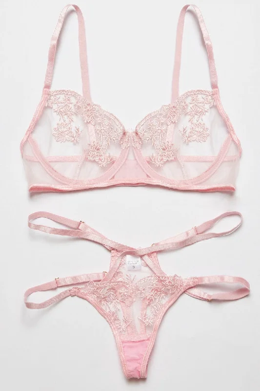 Affordable Women's Outfit Pink Embroidery Lingerie Set