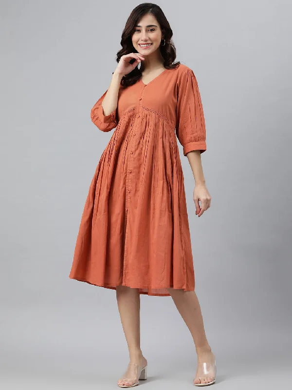 Budget Saver Coral Orange Cotton Solid Flared Western Dress