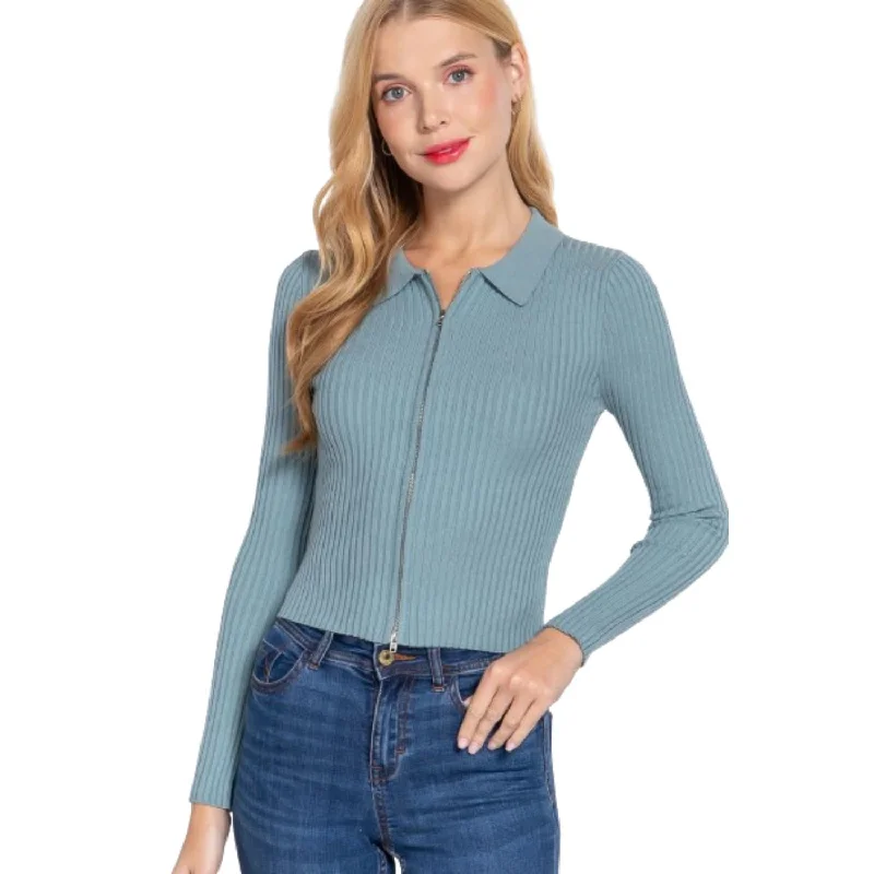 Women's Clothing For Holiday Travel Notched Collar Zippered Sweater