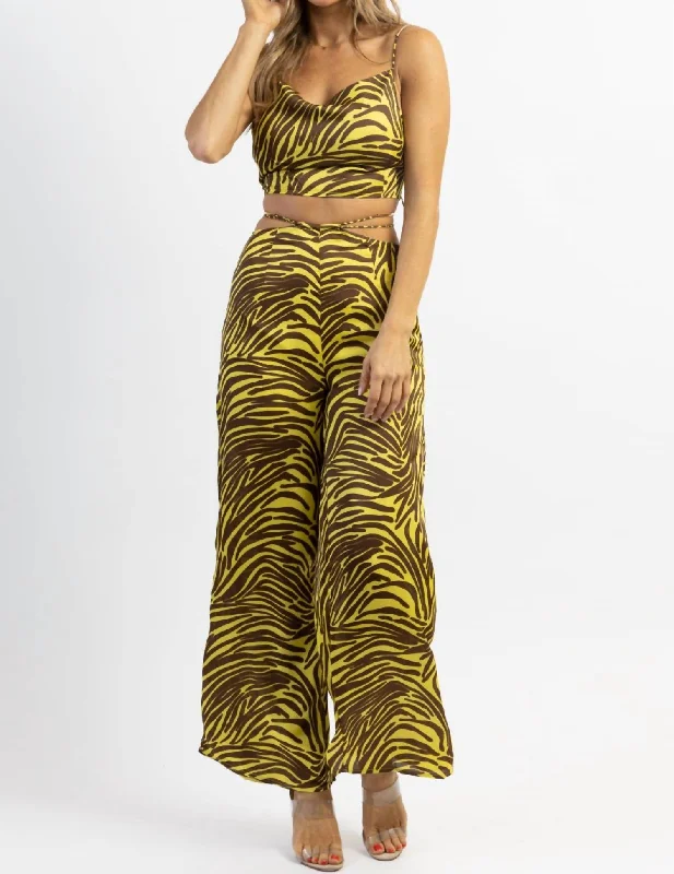 Women's Seasonal Clothes Zebra Wide Leg Pant Set In Lime + Brown