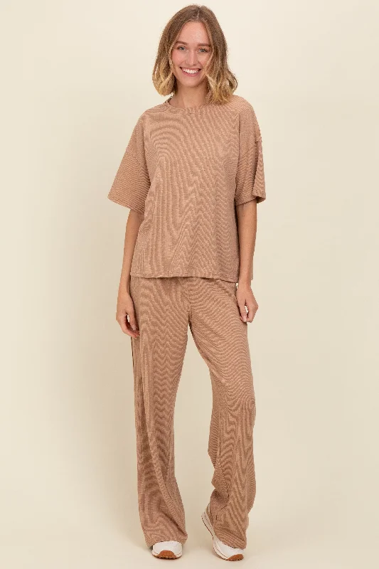 Casual Apparel For Women Taupe Textured Knit Oversized Tee And Pants Set