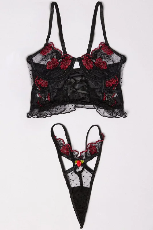 Stylish And Comfortable Clothing For Women Black Floral Embroidery Lingerie Set