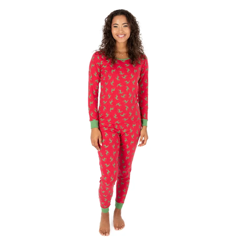 Modern Women's Apparel Christmas Womens Two Piece Cotton Pajamas Reindeer Red and Green