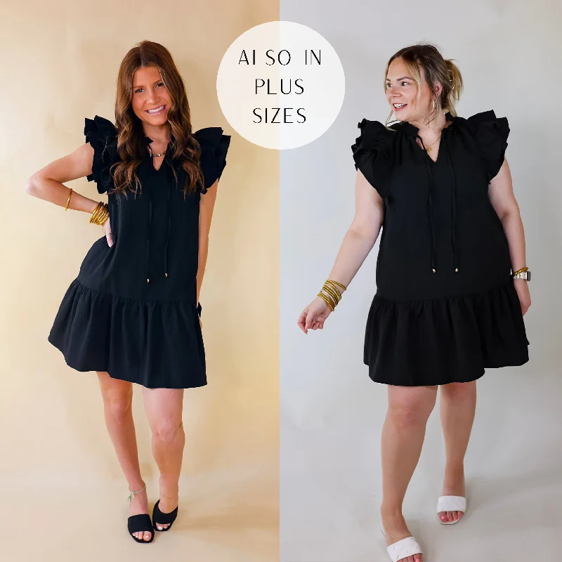 The Latest Trends Powerful Love Ruffle Cap Sleeve Dress with Keyhole and Tie Neckline in Black