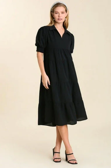 Limited Edition Tiered Cuffed Sleeve Dress, Black