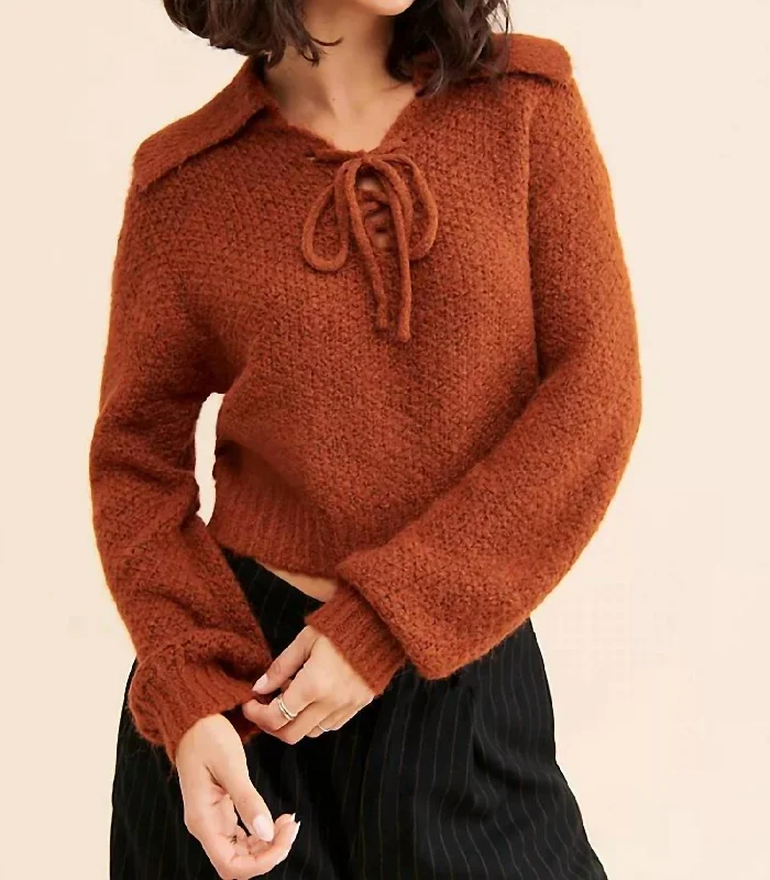 Women's Fashion-Forward Apparel Sophia Lace Up V Neck Sweater Top In Rust