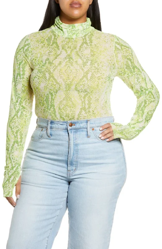 Women's Elegant Formal Outfit Zadie Power Mesh Turtleneck Top In Lime Snake
