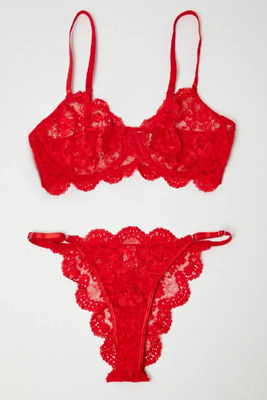 Comfortable Lounge Clothing Red Lace Lingerie Set