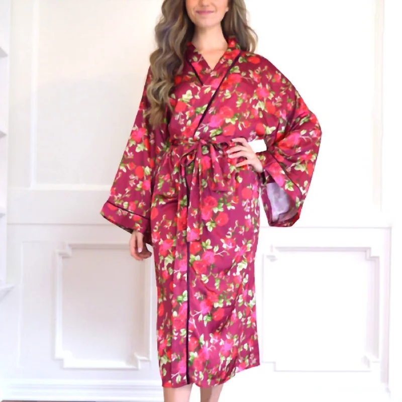 Women's Occasion Wear Apparel Floral Satin Robe In Burgundy