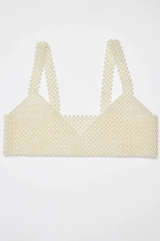 Women's Chic Outerwear Attire White Pearl Bralette