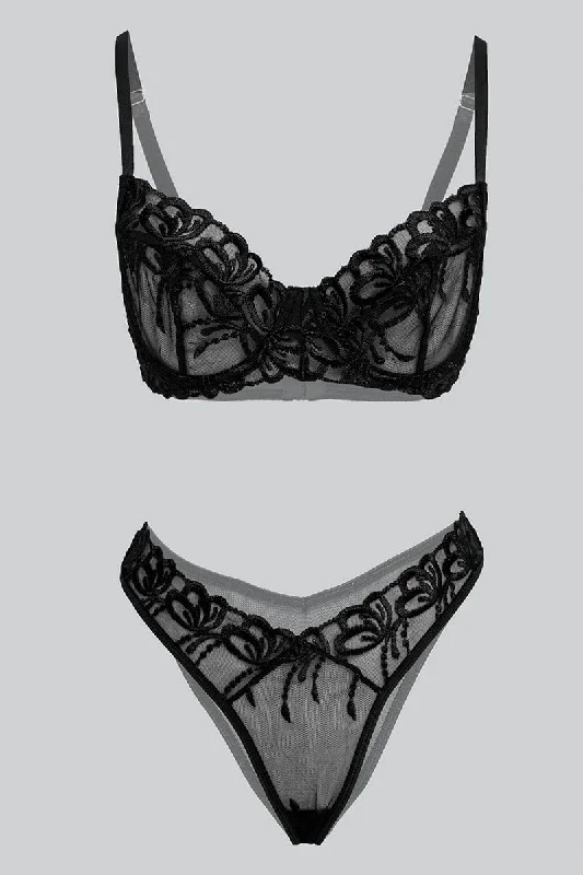 Sustainable Women's Clothing Black Embroidered Lingerie Set