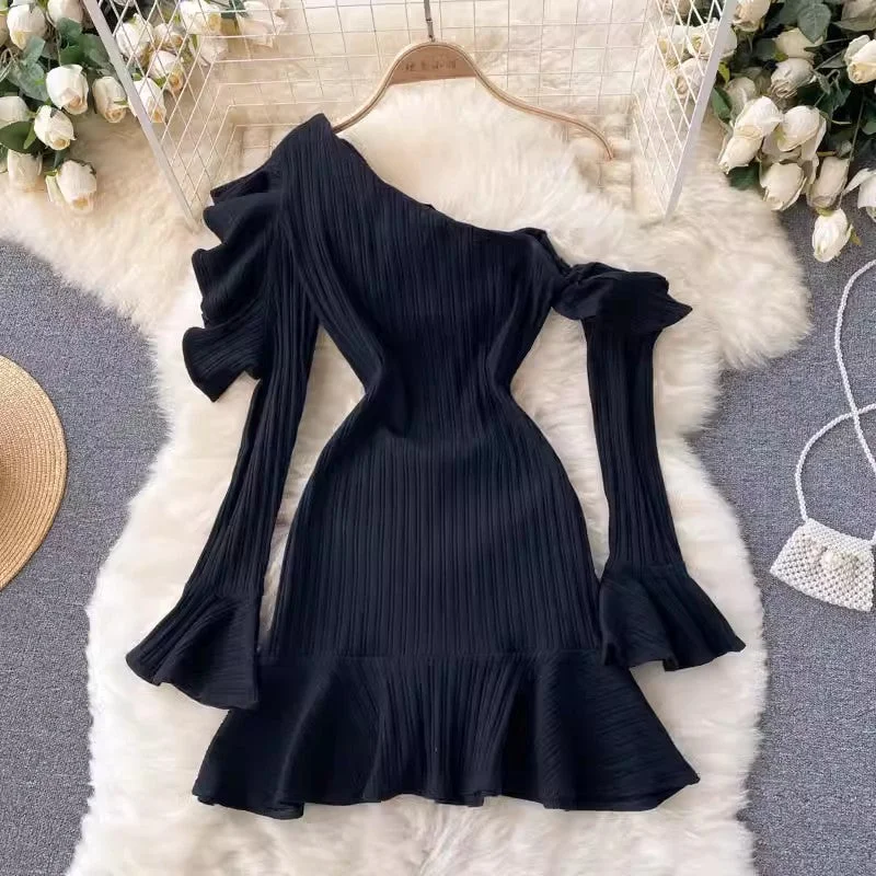 Limited Stock little black dress off-shoulder ruffled bell-sleeve dress     S4630