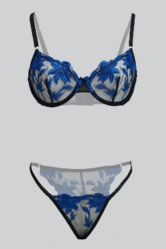 Women's Clothing For Outdoor Events Blue Embroidered Lingerie Set