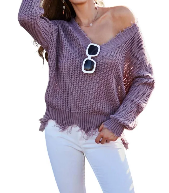 Women's Occasion Wear Apparel Frayed Sweater In Purple Ash