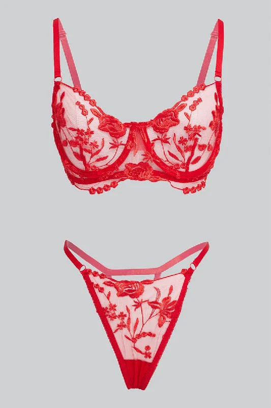 Casual Chic Women's Clothes Red Floral Embroidered Lingerie Set