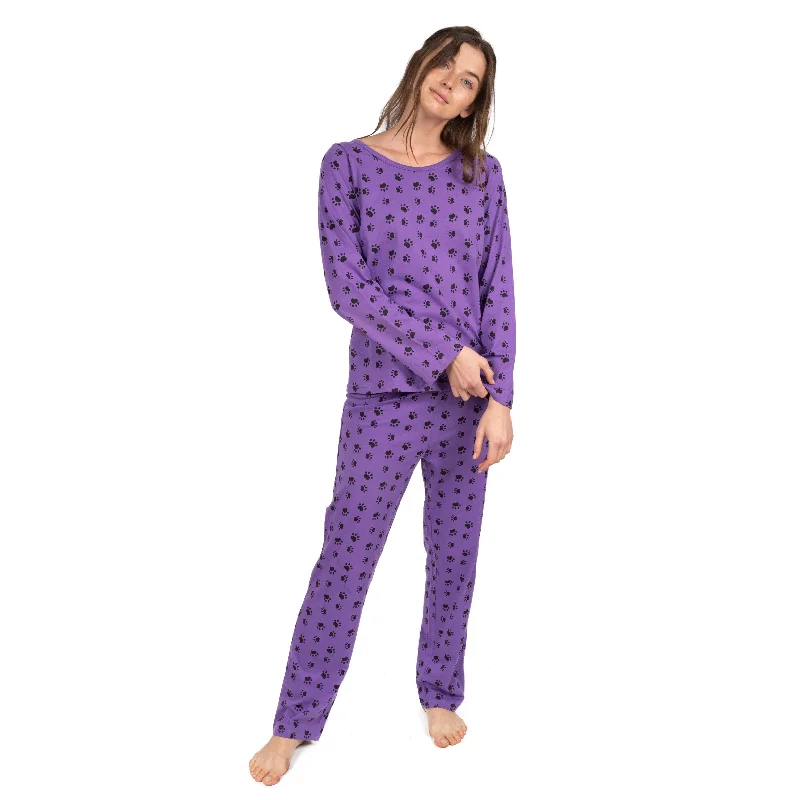 Women's Stylish Vacation Attire Womens Two Piece Cotton Loose Fit Pajamas Dog Paw Purple