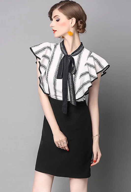 Fashion Essentials White and Black Flutter Sleeve Dress