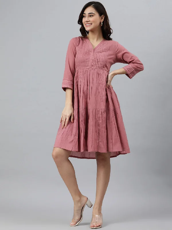 Limited Time Deal Coral Pink Cotton Solid Flared Western Dress