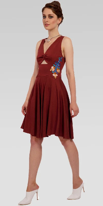 Vibrant Femme Fashion Cut-Out Front Embroidered Knee-Length Dress - Dk. Rust