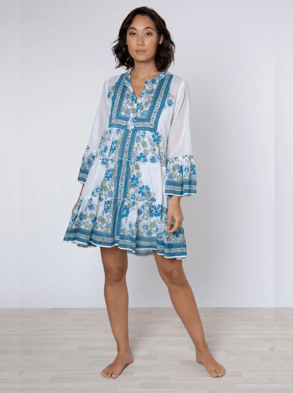 Women's Clothing Brands White / Blue / Aqua Flared Sleeve Dress w/ Rose Border Print