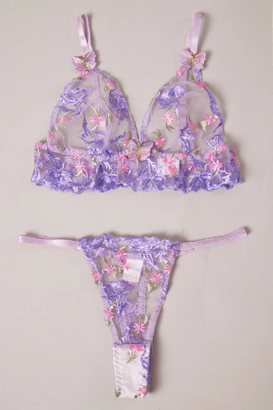 Affordable Women's Clothing Purple Embroidery Lingerie Set