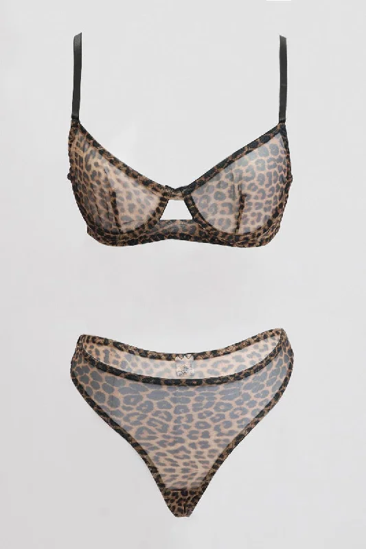 Women's Wardrobe Apparel Brown Animal Print Mesh Lingerie Set