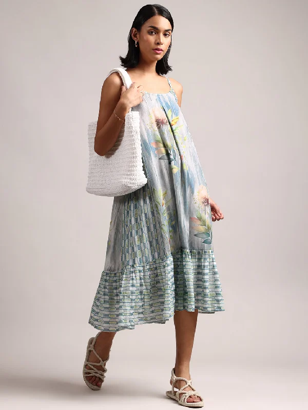 Early Bird Offer Blue Cotton Linen Tropical Tiered Dress