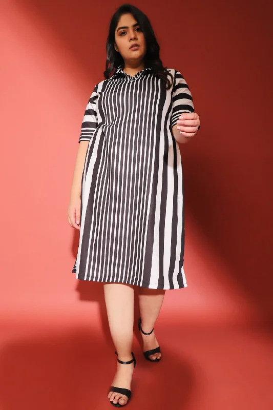 Clothes Sales Black White Stripe Printed Polo Dress