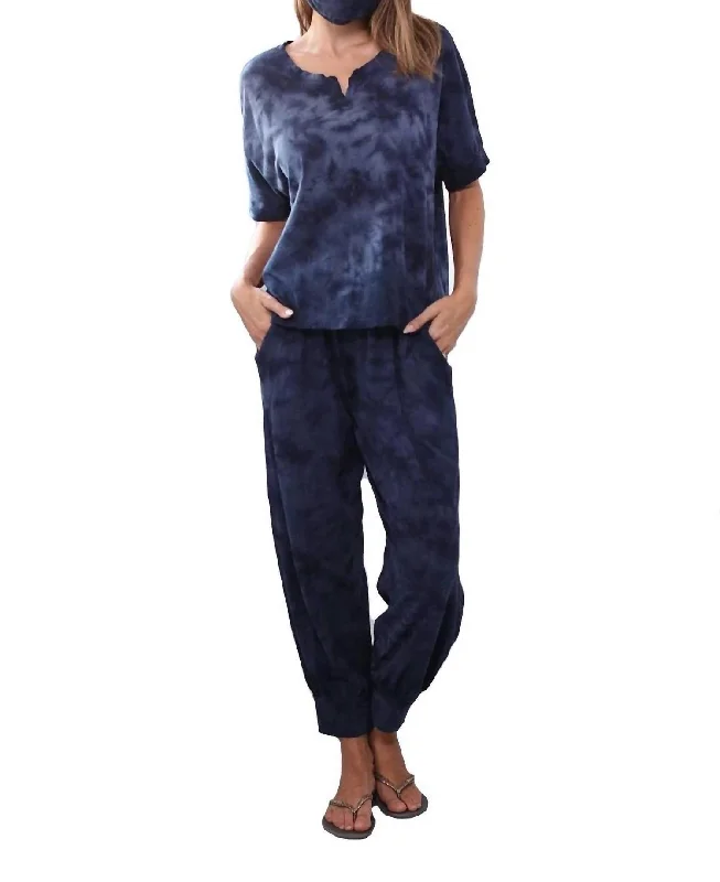 Women's Clothes And Apparel Sets Jojo Cherry Cotton Jogger Paired With Short Sleeve T Shirt Set In Tie Dye Navy