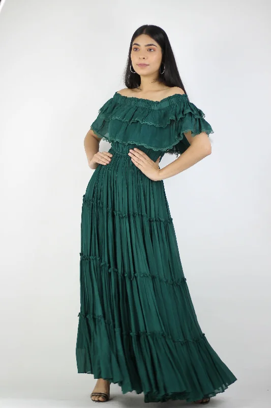 Unleash Your Style Artyska Green Off-Shoulder Chiffon Full-Length Dress