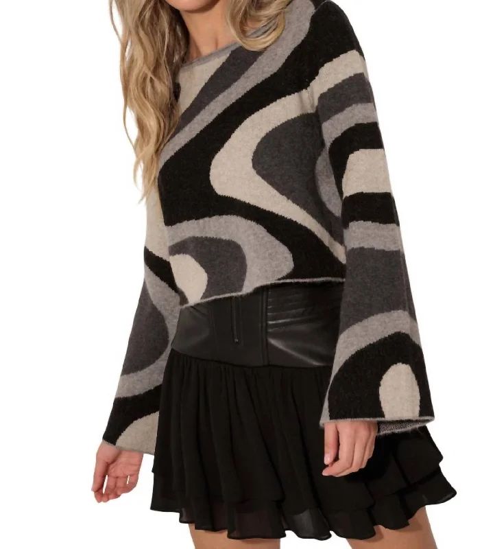 Timeless Women's Clothes Swirl Raw Edge Bell Sleeve Sweater In Black/grey