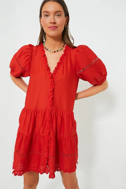 Women Wear Brands Red Antonina Solid Cotton Puff Sleeve Dress