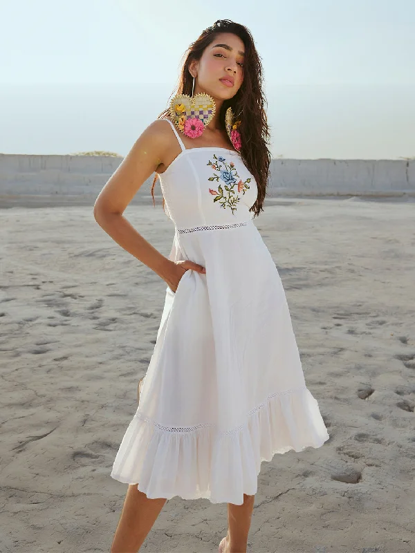 Women's Evening Wear White Cotton Embroidered Fit & Flare Dress