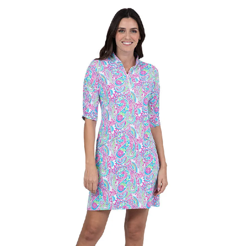 Elegant Style IBKUL Women's Gloria Print Elbow Sleeve Dress - Hot Pink/Turquoise