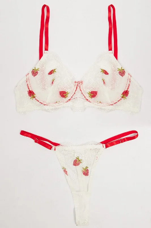 Luxury Women's Clothes White Strawberry Embroidery Lingerie Set