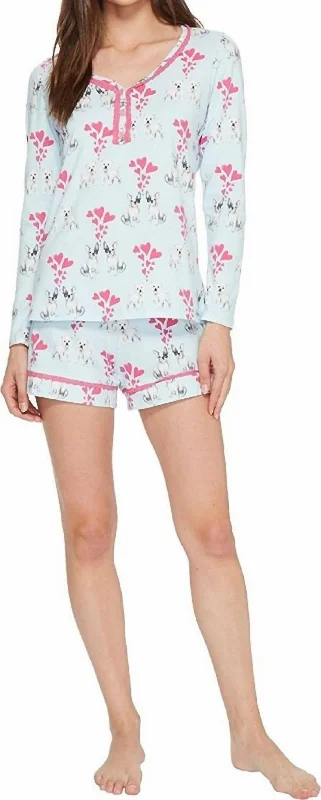 Women's Elegant Clothes Long Sleeve Sweetheart Two-Piece Shorts Set In Blue