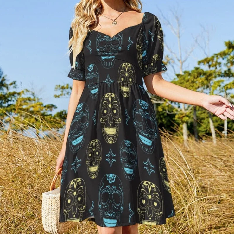 Discover Now Blue Gold Skulls Sweetheart Puff Sleeve Dress