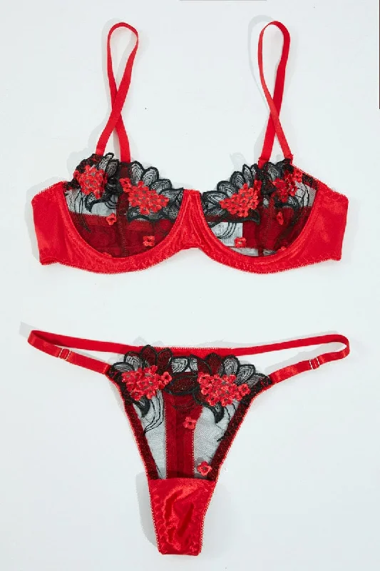 Women's Trendy Casual Outfit Red Embroidery Lingerie Set