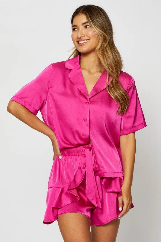 Women's Athletic Outfit Pink Satin Pajamas Set Short Sleeve