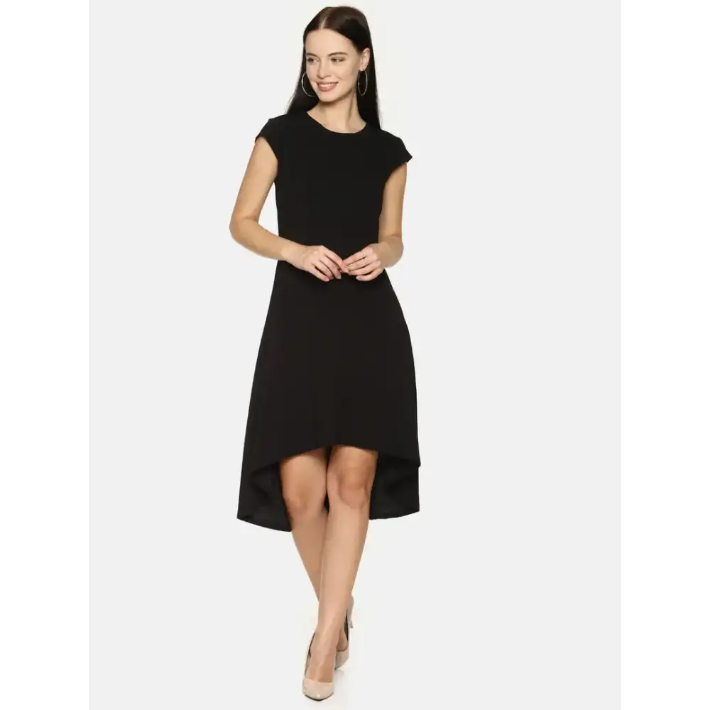 End Of Season Clearance Stunning Black Polyester Self Design Cap Sleeve Dress For Women