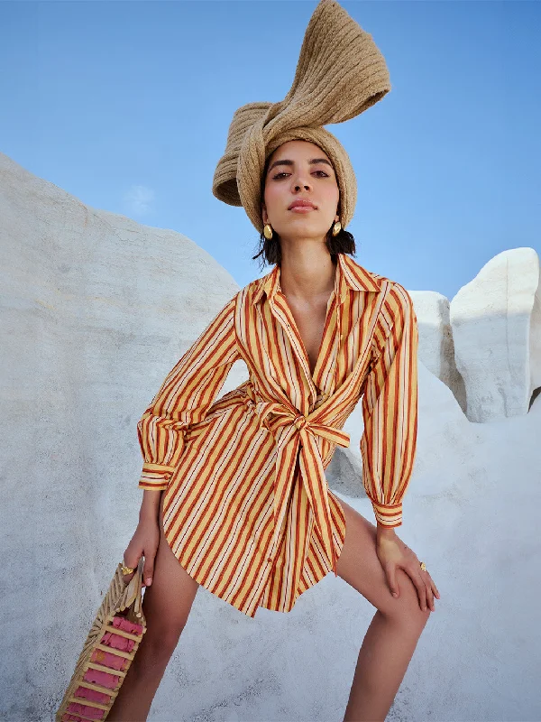 Great Deals On Ethnic Cultural Wear Yellow Cotton Striped Shirt Style Front Tie-Up Dress