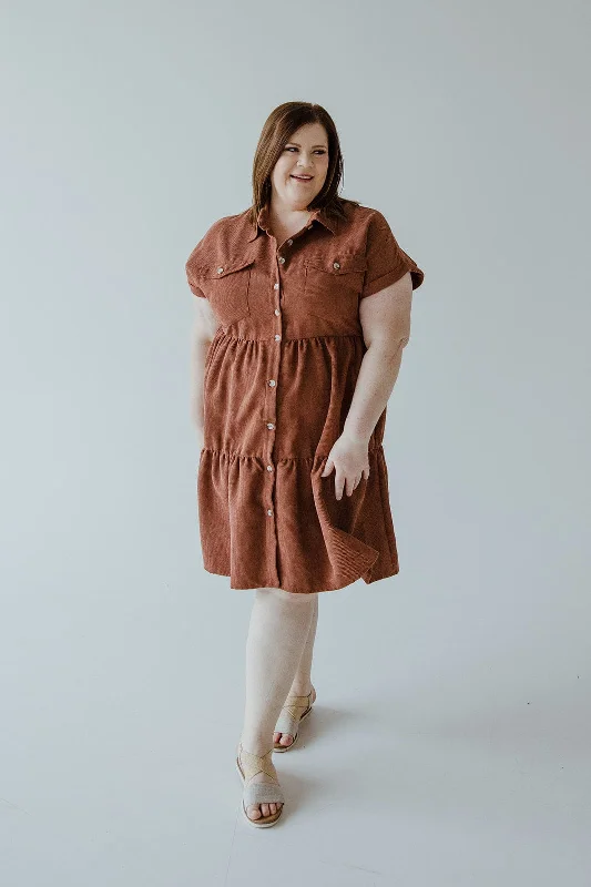 Fashion Forward, Function First CORDUROY BUTTON FRONT KNEE LENGTH DRESS IN RUSTED TERRACOTTA