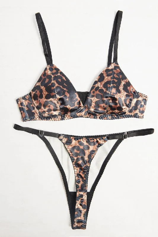 Women's Holiday Attire Brown Animal Print Satin Lingerie Set