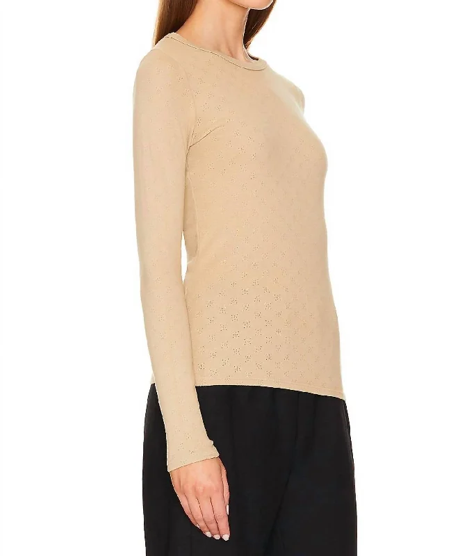 Women's Active Garments For Workouts Scallop Edge Pointelle Long Sleeve Crew Top In Tan