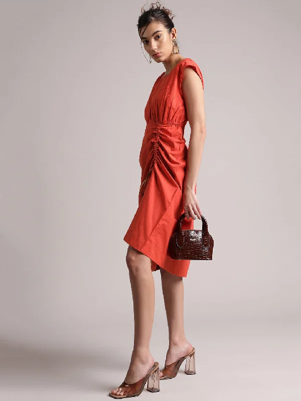 Sale Clothes Online Rust Poplin Solid Ruching Style Dress
